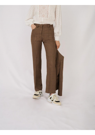 Maje Damskie proste spodnie w brązową kratę
