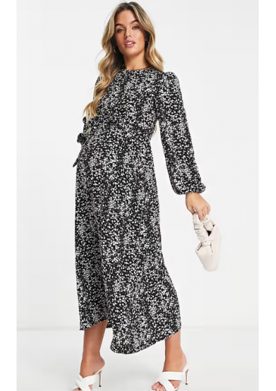 Missguided Maternity – Czarna sukienka midi w kwiaty, z obszernymi rękawami