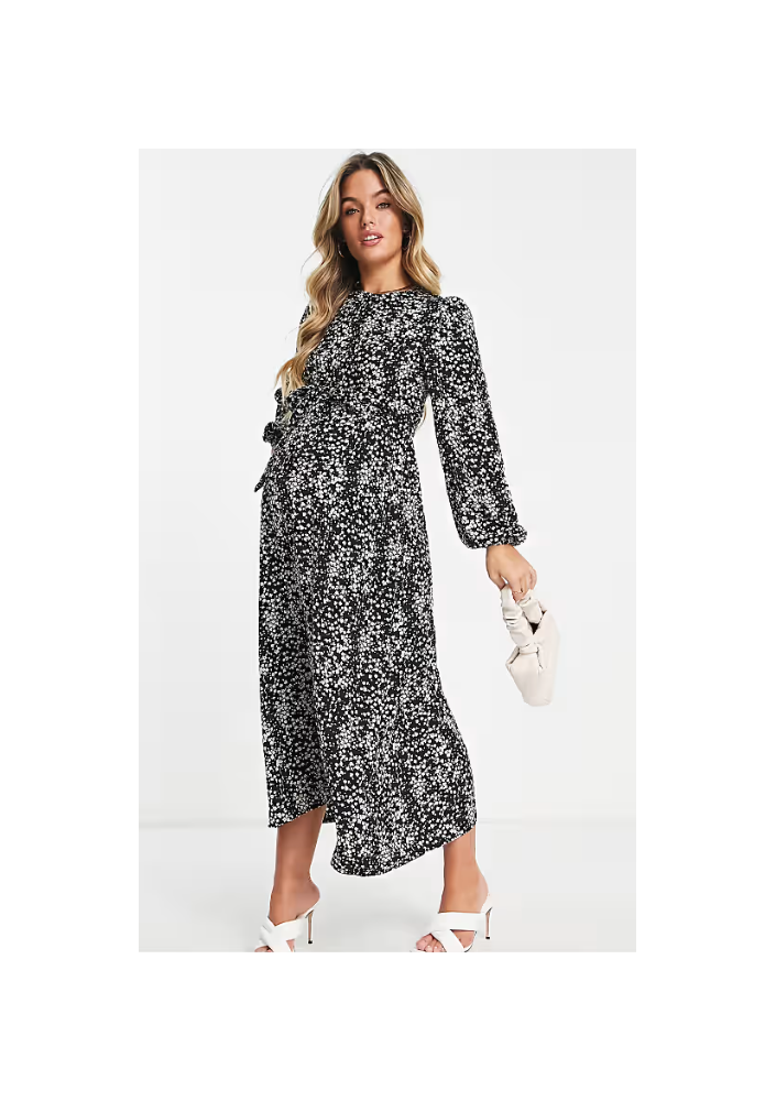 Missguided Maternity – Czarna sukienka midi w kwiaty, z obszernymi rękawami