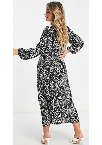 Missguided Maternity – Czarna sukienka midi w kwiaty, z obszernymi rękawami