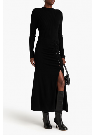 SANDRO Sukienka midi z prążkowanej wełny z marszczeniami