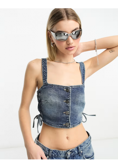 Stradivarius – STR – Sznurowany po bokach krótki top jeansowy