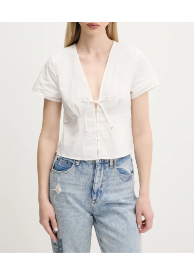 Tommy Jeans koszula bawełniana damska kolor ecru regular DW0DW21352