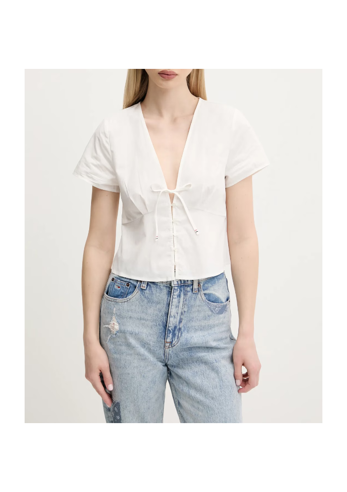 Tommy Jeans koszula bawełniana damska kolor ecru regular DW0DW21352