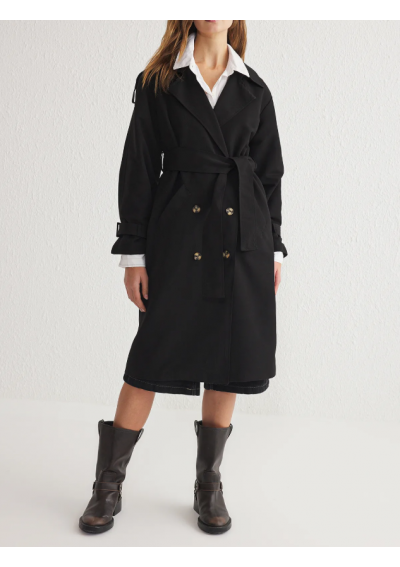 Trendyol Collection Czarny, oversize'owy, szeroki, wodoodporny, długi trencz z paskiem