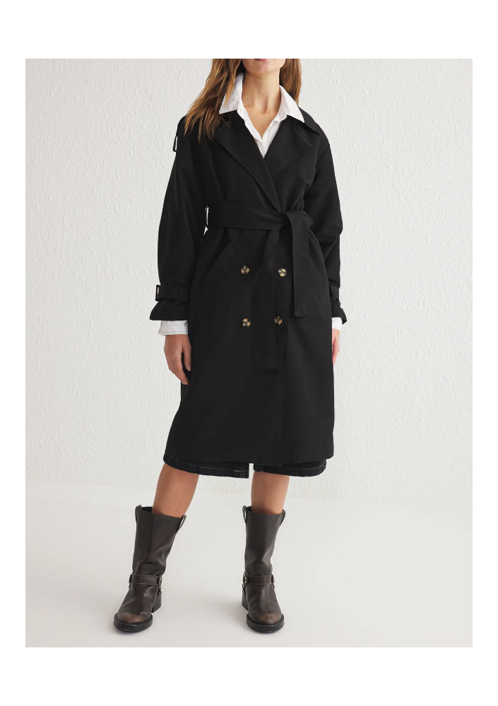 Trendyol Collection Czarny, oversize'owy, szeroki, wodoodporny, długi trencz z paskiem