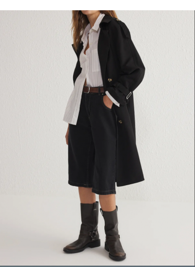 Trendyol Collection Czarny, oversize'owy, szeroki, wodoodporny, długi trencz z paskiem