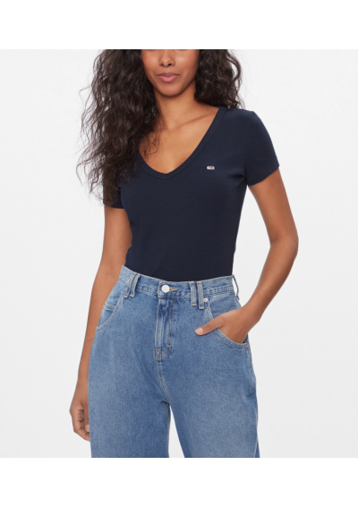 Tommy Jeans T-Shirt Tjw Slim Essential Rib V Ss DW0DW17385 Granatowy Slim Fit